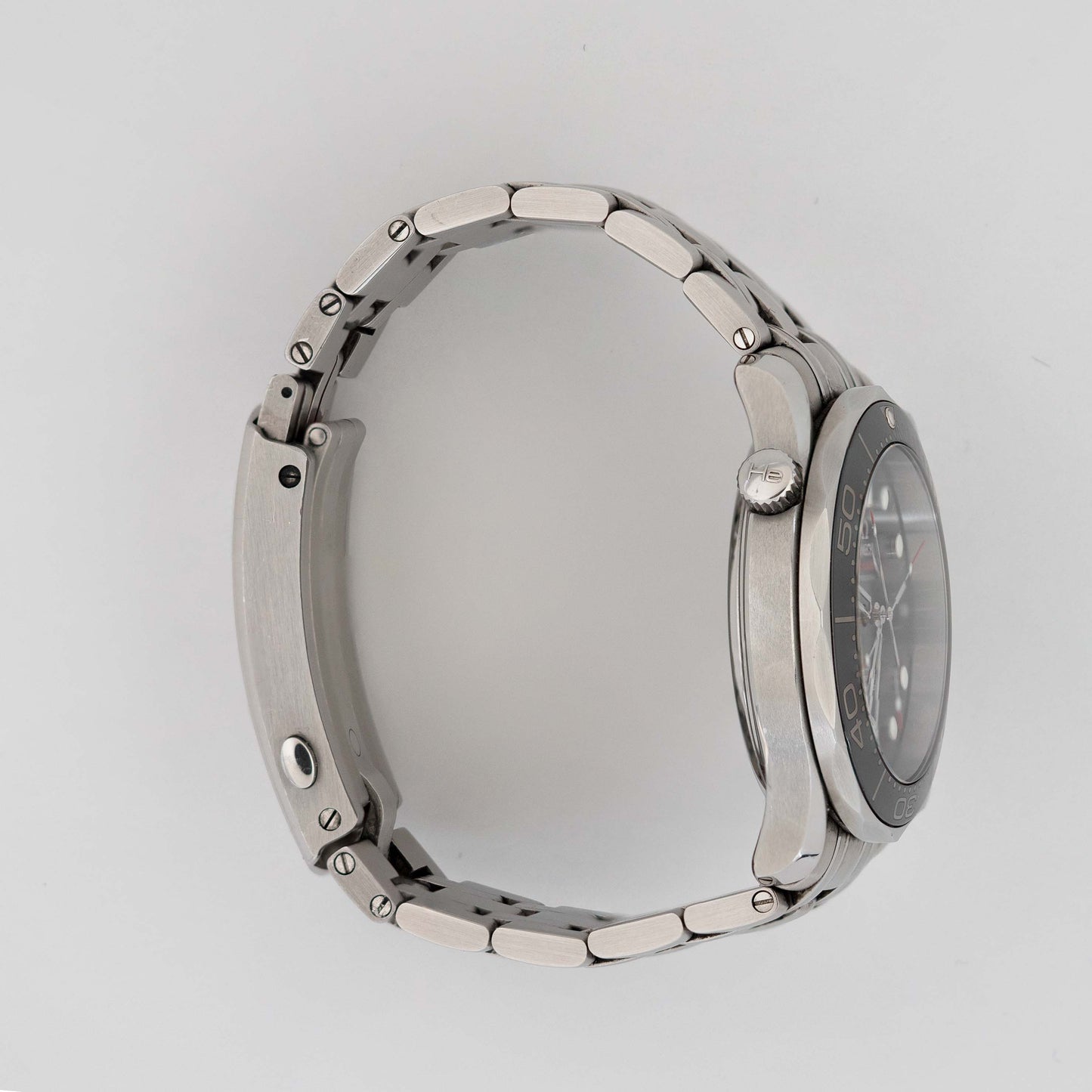 Helium valve and left hand side of Omega Seamaster Diver 300m Co-Axial Chronometer 41mm